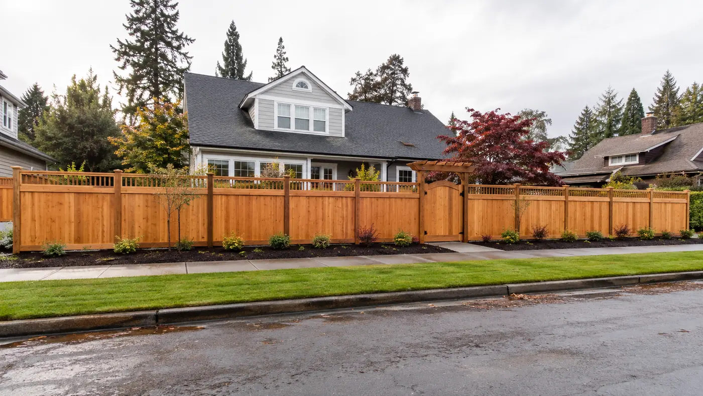 Cedar fence along the street, Salem Cedar fence along a front yard and street built by Wades Services in Salem, OR
